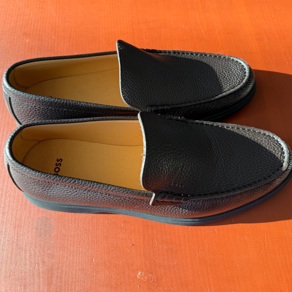 Boss Black Textured Leather Slip-On Loafers